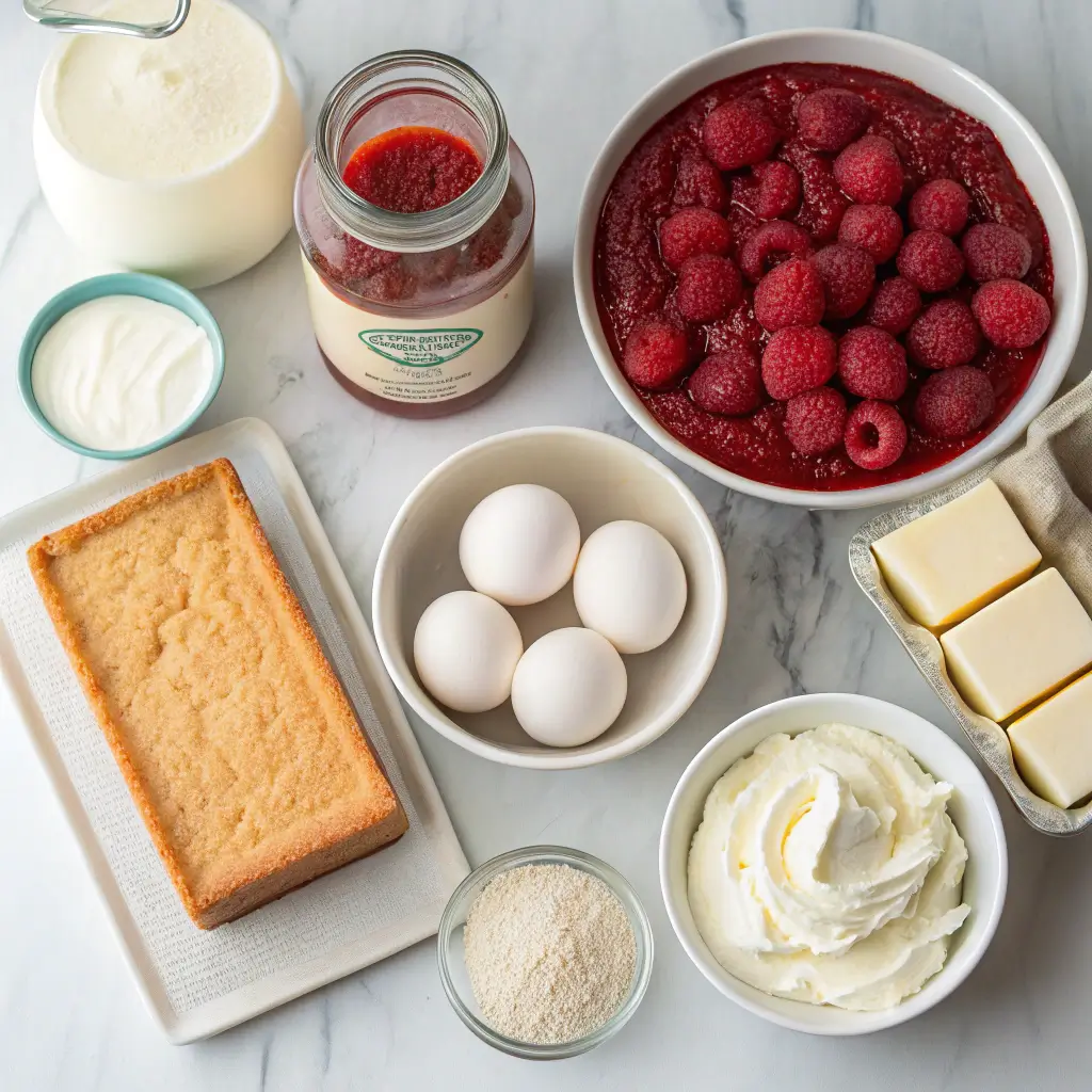 Ingredients for Raspberry Elegance Cake displayed on a wooden table.