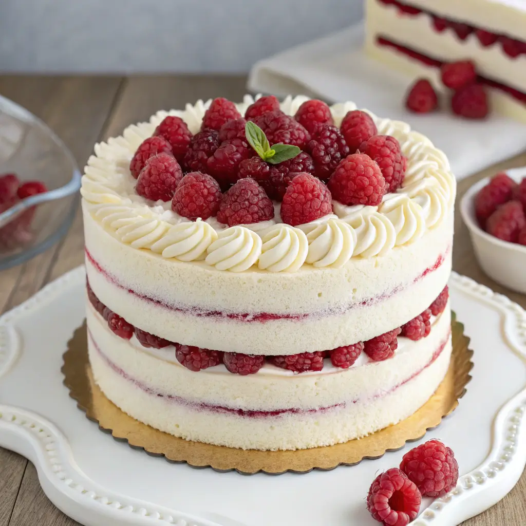 A beautifully decorated Publix Raspberry Elegance Cake with fresh raspberries.