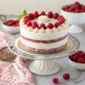 A beautifully decorated Raspberry Elegance Cake from Publix on a cake stand.