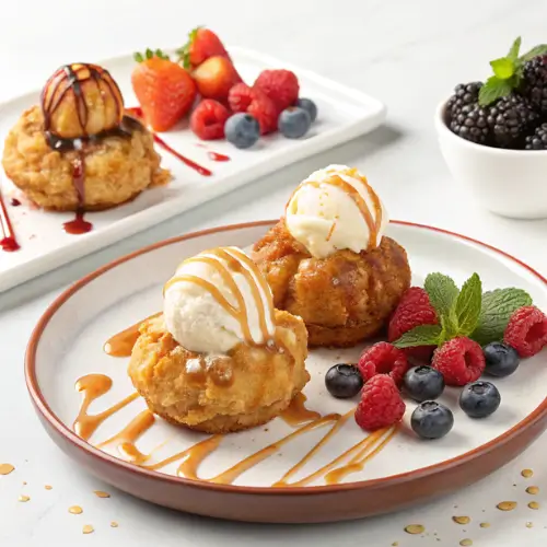 Various serving suggestions for Apple Fritter Bites, including ice cream, caramel sauce, and fresh berries.