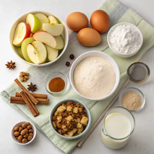 Ingredients for Apple Fritter Bites including flour, sugar, apples, and spices displayed on a kitchen counter.