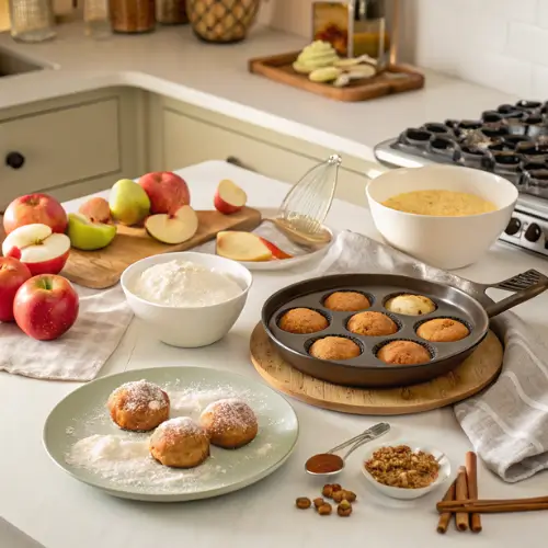 A step-by-step guide to making Apple Fritter Bites, featuring ingredients like diced apples, flour, and a mixing bowl.