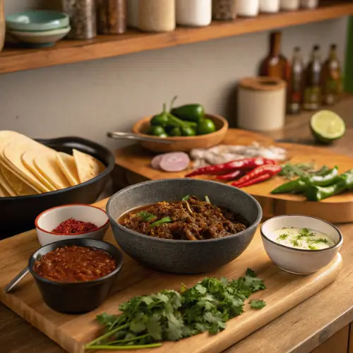 A step-by-step visual guide to making Fave Birria Tacos, featuring ingredients and cooking process.