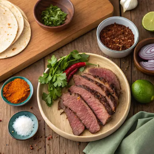 Ingredients for Fave Birria Tacos displayed on a wooden table.