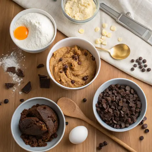Ingredients and bowls for making fudgy chewy brookies, including brownie batter and cookie dough.