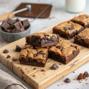 Freshly baked fudgy chewy brookies cut into squares on a wooden board.