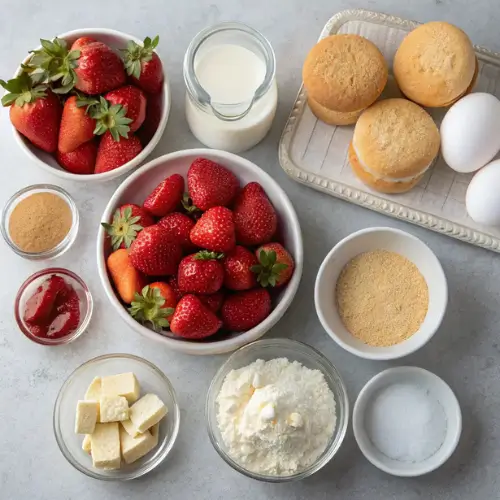 Ingredients for Fried Strawberry Cheesecake Sandwiches including strawberries, cream cheese, and bread.
