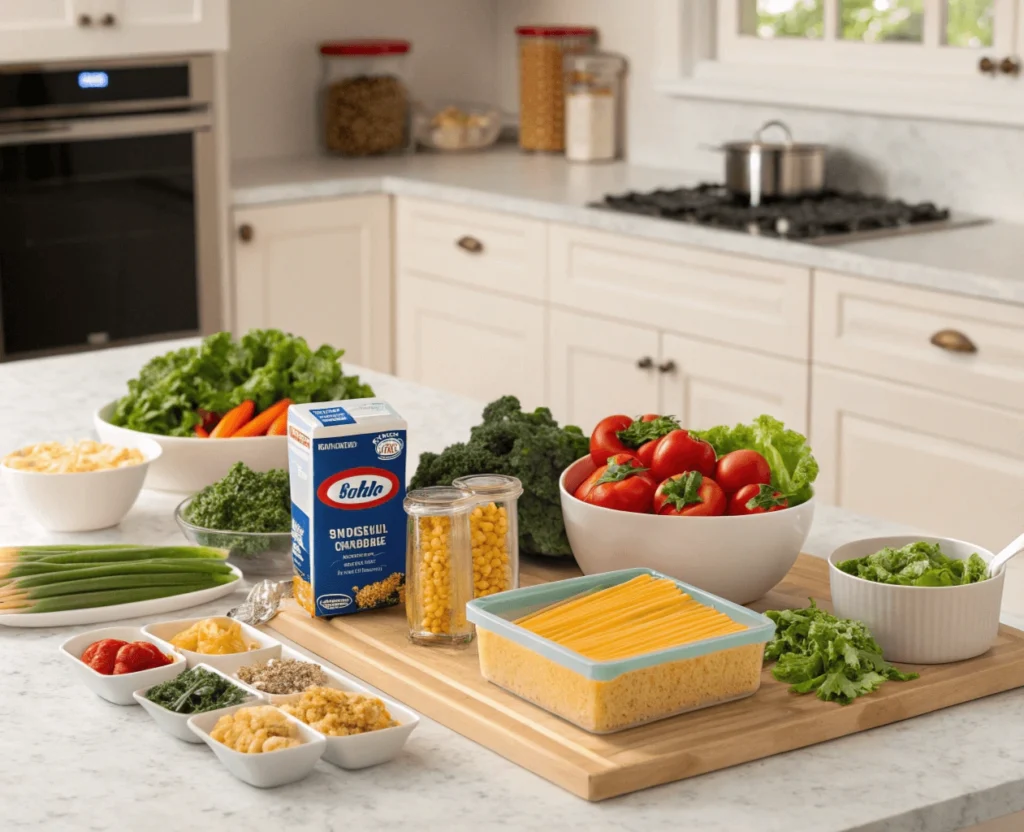 Ingredients for Kraft recipes on a kitchen counter.