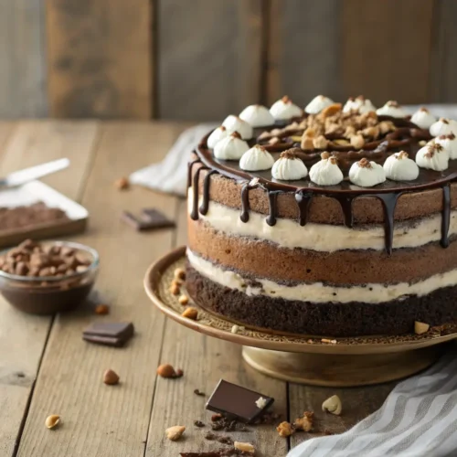 Mississippi Mud Pie Cake with chocolate layers and toppings