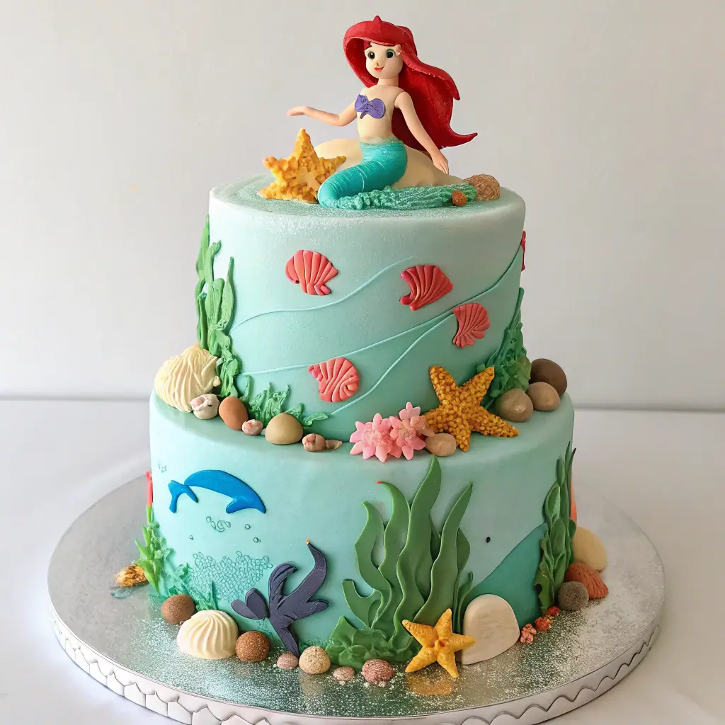 A beautifully decorated Ariel Little Mermaid birthday cake with ocean-themed decorations.