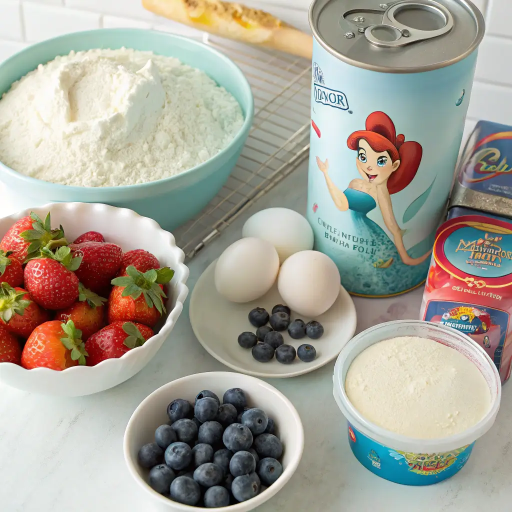 Ingredients for Ariel Little Mermaid birthday cake including flour, sugar, and food coloring.