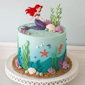 A beautifully decorated Ariel Mermaid Birthday Cake with ocean-themed decorations.