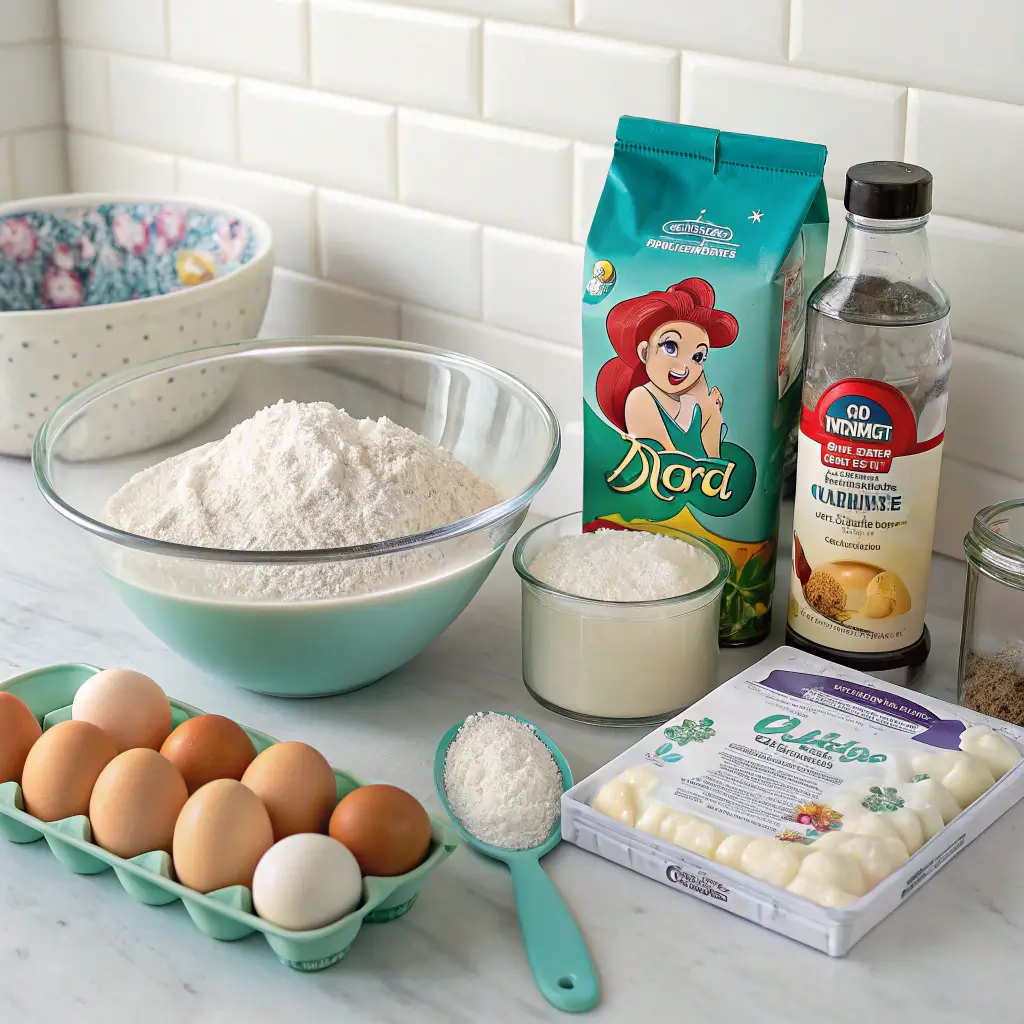 Ingredients for Ariel Mermaid Birthday Cake including flour, sugar, eggs, and food coloring.