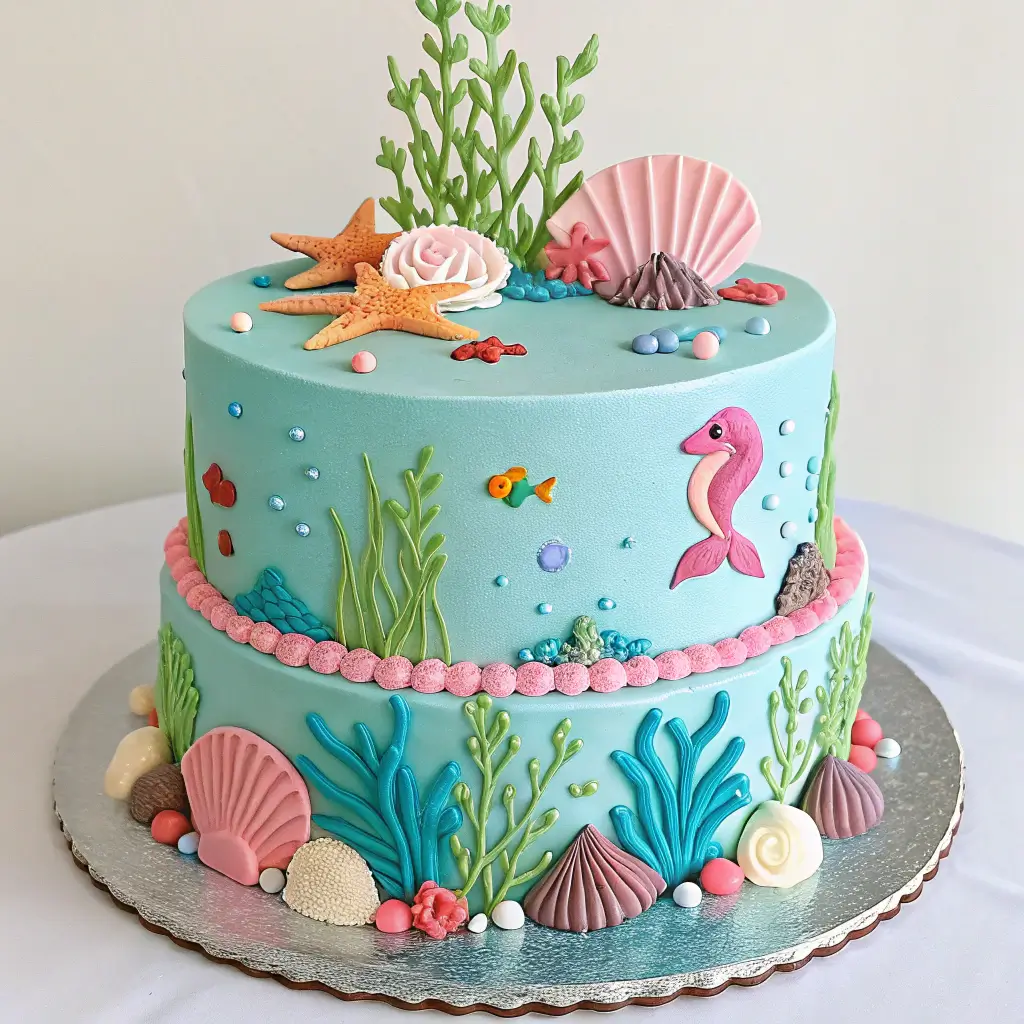 A beautifully decorated birthday mermaid cake with ocean-themed decorations.