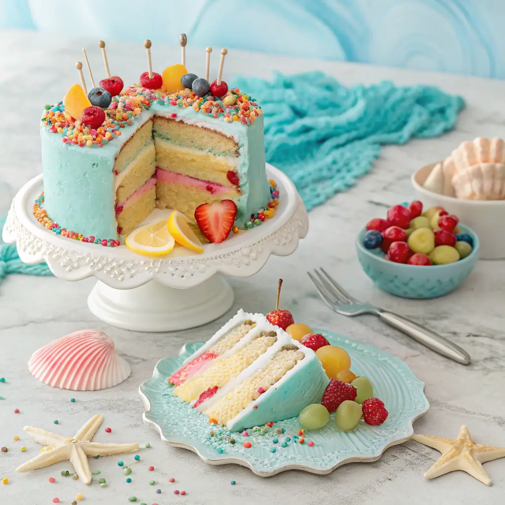 Serving suggestions for a birthday mermaid cake with fruit skewers and ice cream.