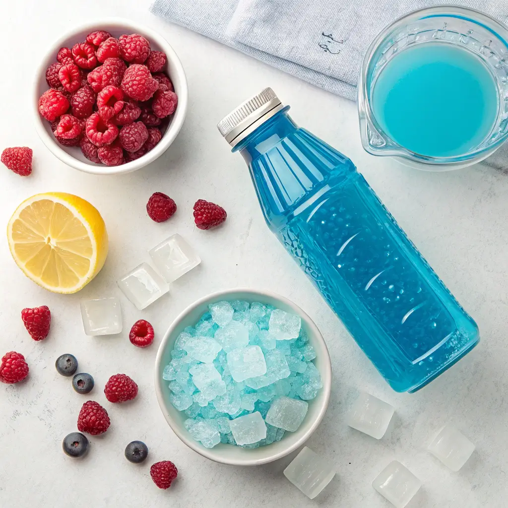 Ingredients for Blue Frost Gatorade including blue raspberry syrup, lemon juice, electrolyte powder, cold water, and ice cubes.