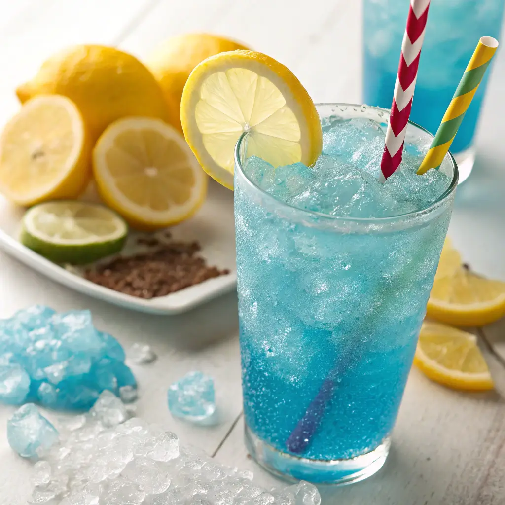 A refreshing glass of Blue Frost Gatorade served over ice with lemon slices.