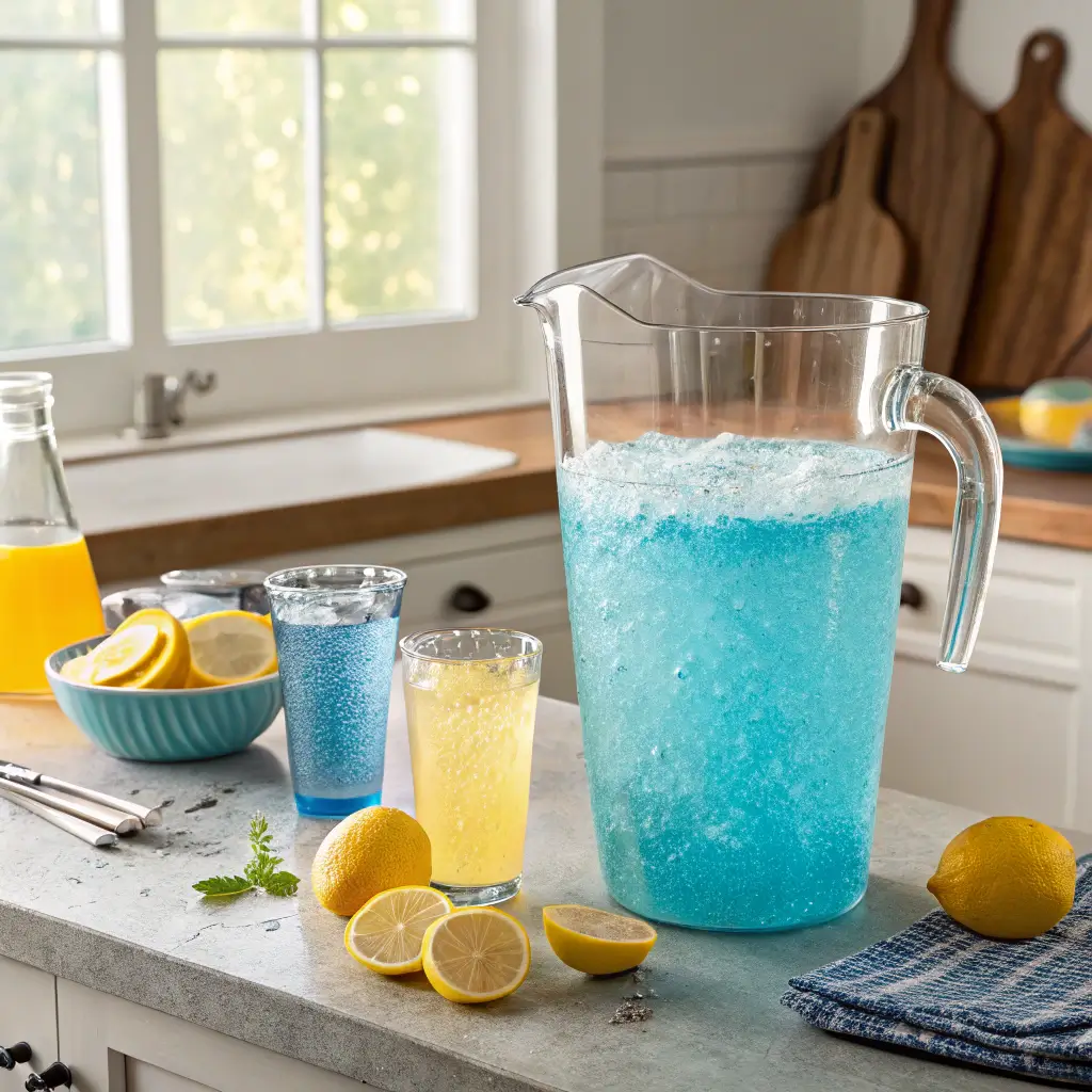 A pitcher of Blue Frost Gatorade being prepared with blue sports drink mix, cold water, and lemon juice.