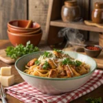 A bowl of Cajun Chicken Pasta garnished with parsley and Parmesan.