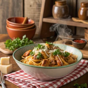 A bowl of Cajun Chicken Pasta garnished with parsley and Parmesan.