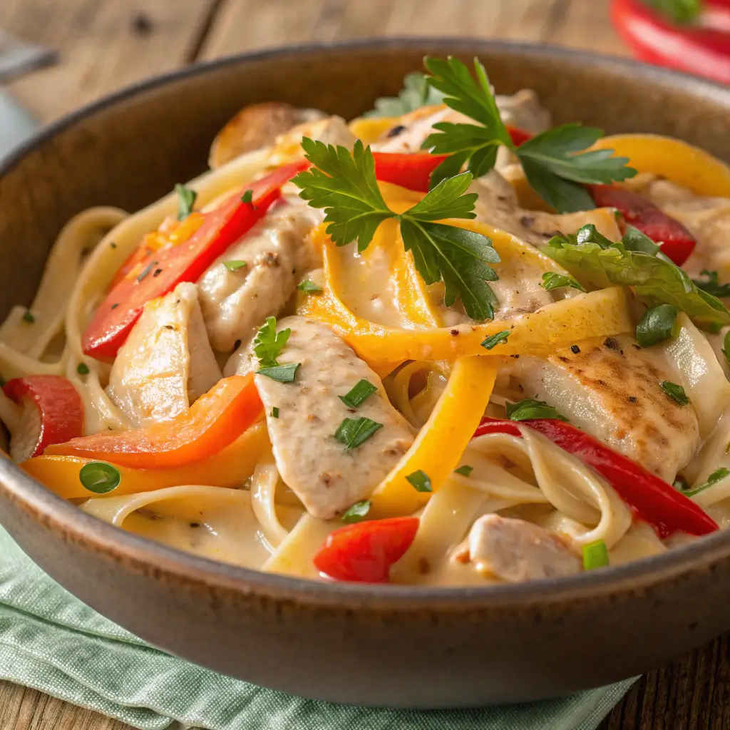 A delicious serving of Cajun Chicken Pasta with creamy sauce and colorful vegetables.