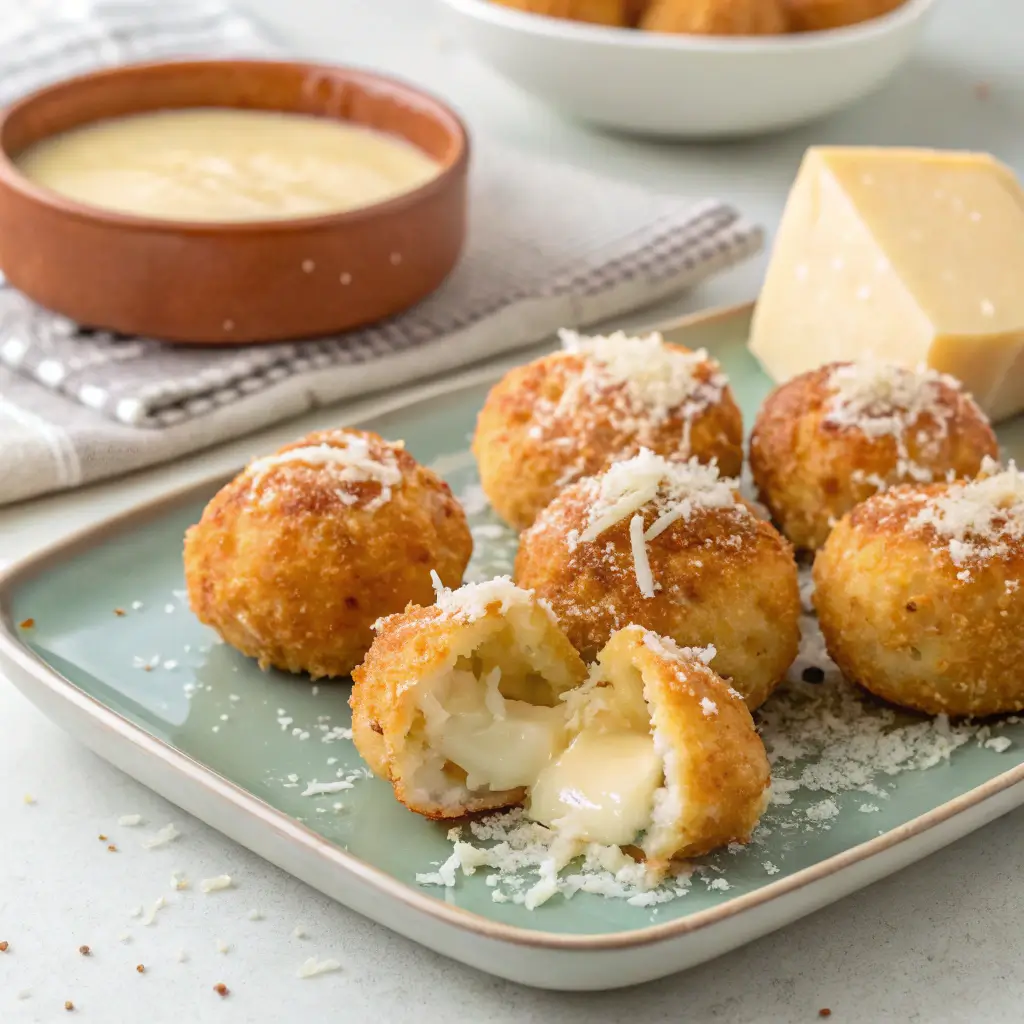 Delicious Cheesy Parmesan Mozzarella Bites served with marinara sauce.
