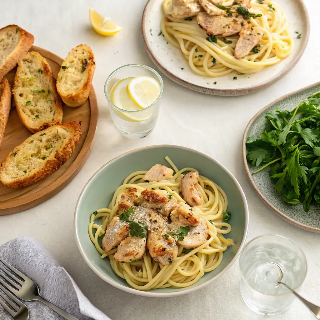 Serving suggestions for chicken in pasta recipes on a dining table.