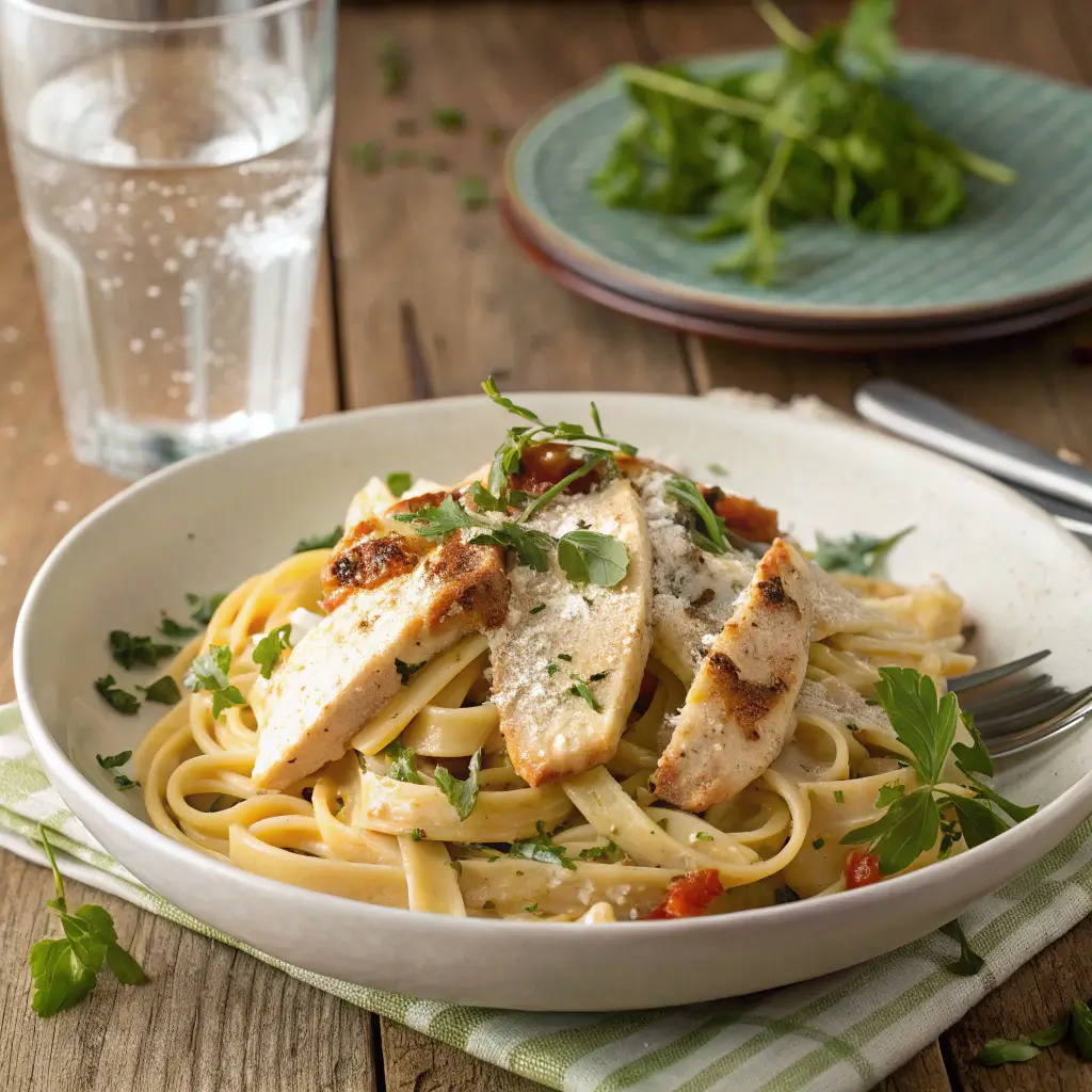 A delicious plate of chicken in pasta garnished with herbs and cheese.