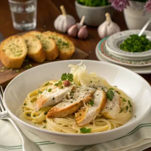 Serving suggestions for chicken pasta with garnishes and sides.