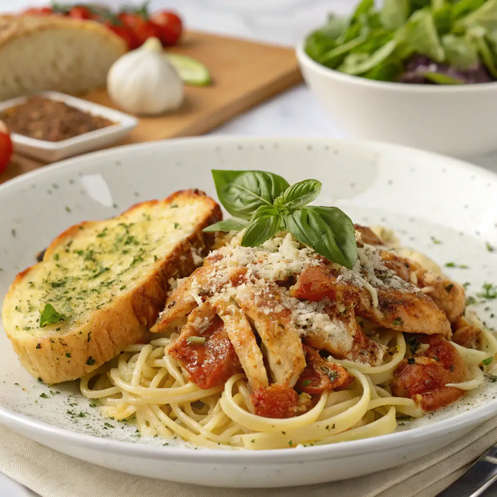 A beautifully plated chicken pasta dish with garlic bread and salad.