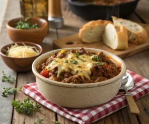 A bowl of delicious crock pot ground beef served with garnishes.