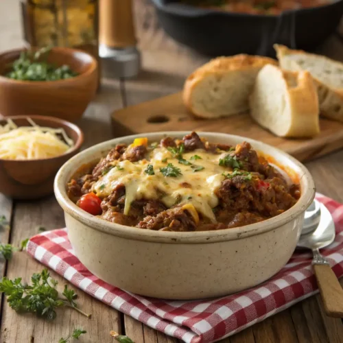A bowl of delicious crock pot ground beef served with garnishes.