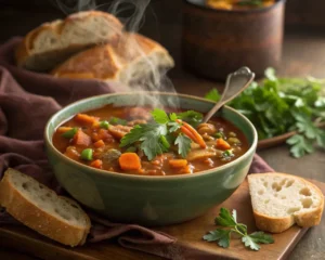 A steaming bowl of vegan crockpot stew garnished with herbs.