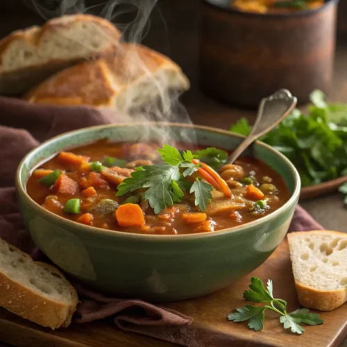 A steaming bowl of vegan crockpot stew garnished with herbs.