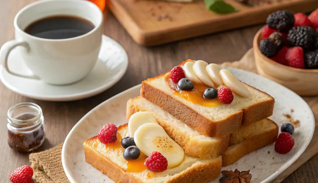 Slices of Easy Sweet Condensed Milk Bread served with toppings and coffee.