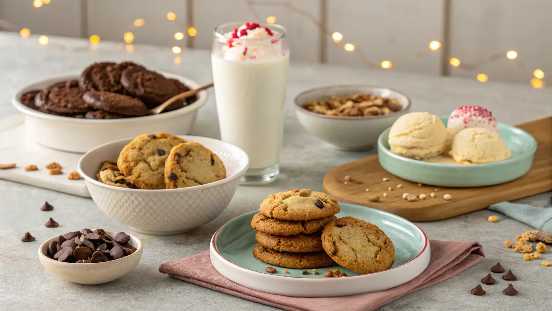 Different serving suggestions for Crumbl cookies, including milk and ice cream.