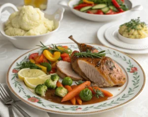 A beautifully served pheasant dish with sides.