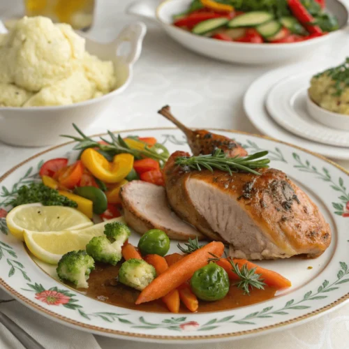 A beautifully served pheasant dish with sides.