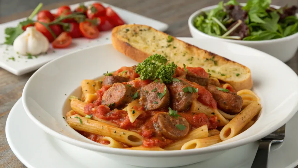 A beautifully served plate of Cajun Sausage Pasta with garlic bread and salad.