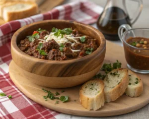 A comforting bowl of ground deer meat dish, garnished and ready to serve.