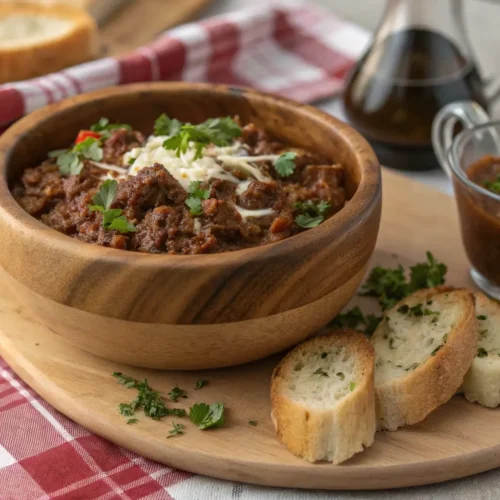 A comforting bowl of ground deer meat dish, garnished and ready to serve.