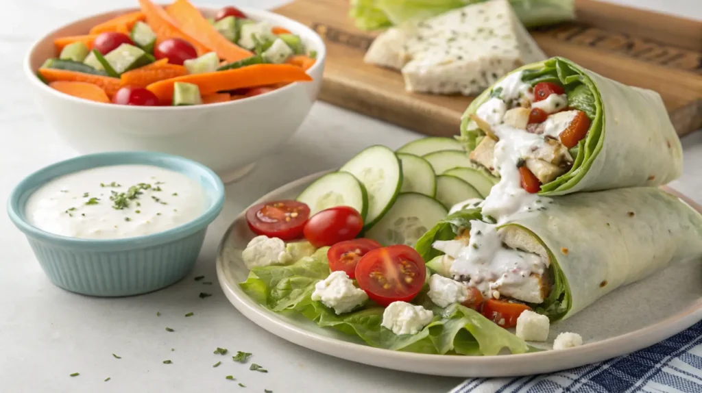 Greek yogurt ranch dressing served in various ways.