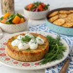 Serving suggestions for Passover potato pie with garnishes and sides.
