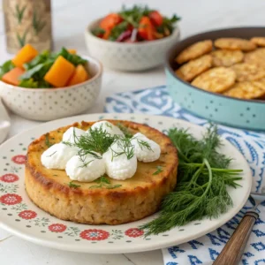 Serving suggestions for Passover potato pie with garnishes and sides.