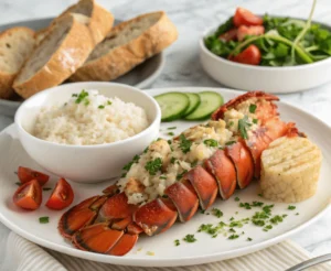 Serving suggestions for garlic herb lobster tails with rice, salad, and garlic bread.