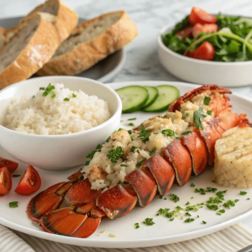 Serving suggestions for garlic herb lobster tails with rice, salad, and garlic bread.