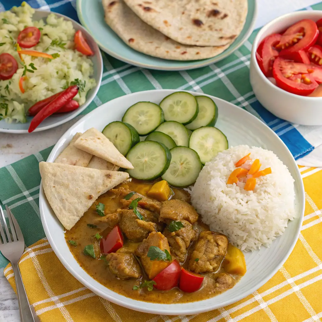 Serving suggestions for Authentic Jamaican Curry Chicken with rice and roti.