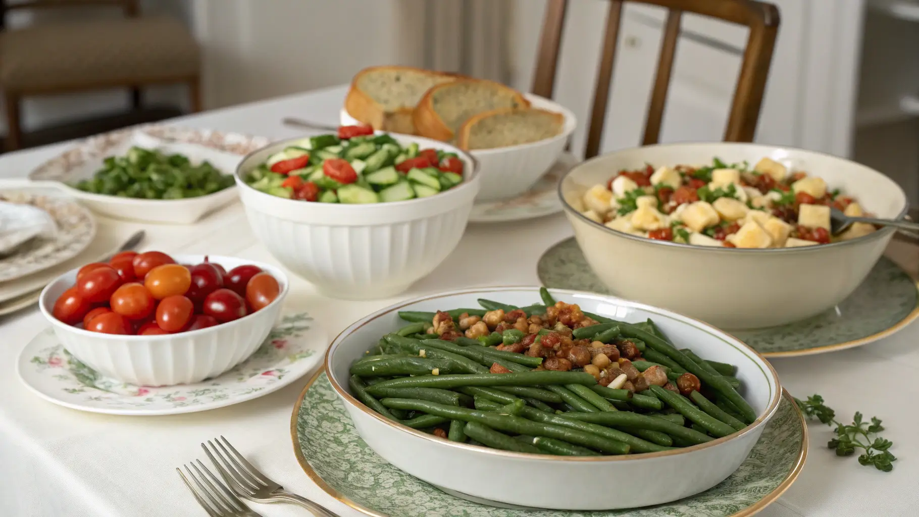 Different serving suggestions for canned green bean recipes on a dining table.