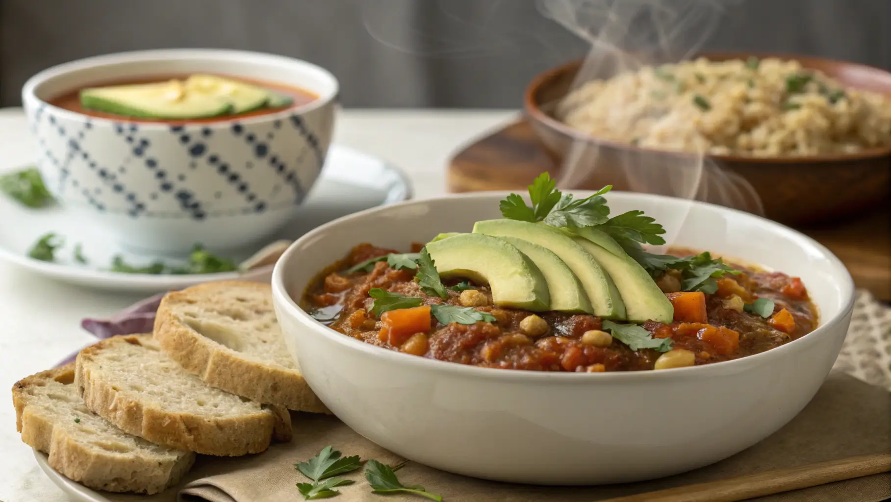 A plated serving of vegan crockpot stew with quinoa and bread.
