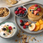 Different serving ideas for Greek yogurt, including pancakes, dips, and parfaits.